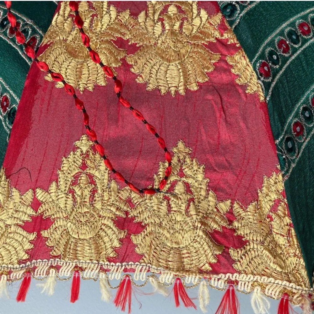 Festive Red and Green Embroidered Silk Sun Parasol Umbrella 25” - Picture 7 of 7